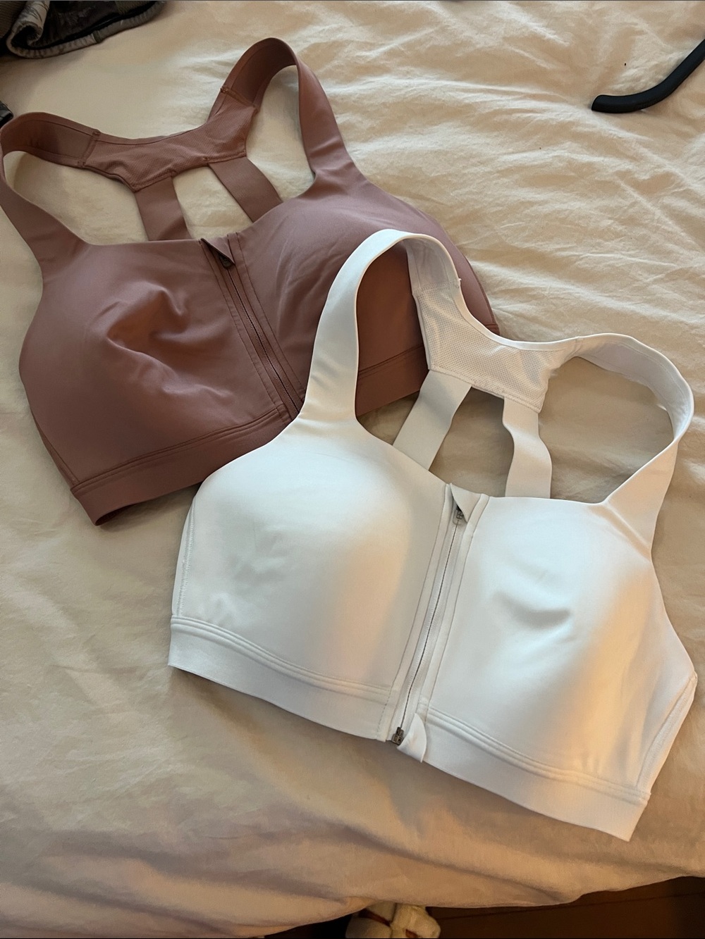 High-Impact Front-Zip Sports Bra — White and Mauve; Size 38B
